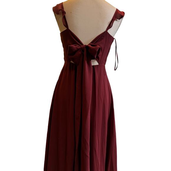 Burgundy Flowing Formal Birdy Gray Gown with Romantic Flouncy Ruffle Sleeve Bow - Picture 3 of 11